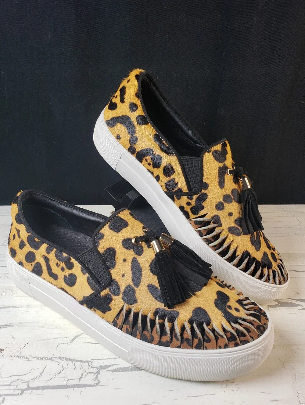 J/Slides NYC Aztec Leopard Print Calf Hair Slip-On Platform Sneakers - size 7.5